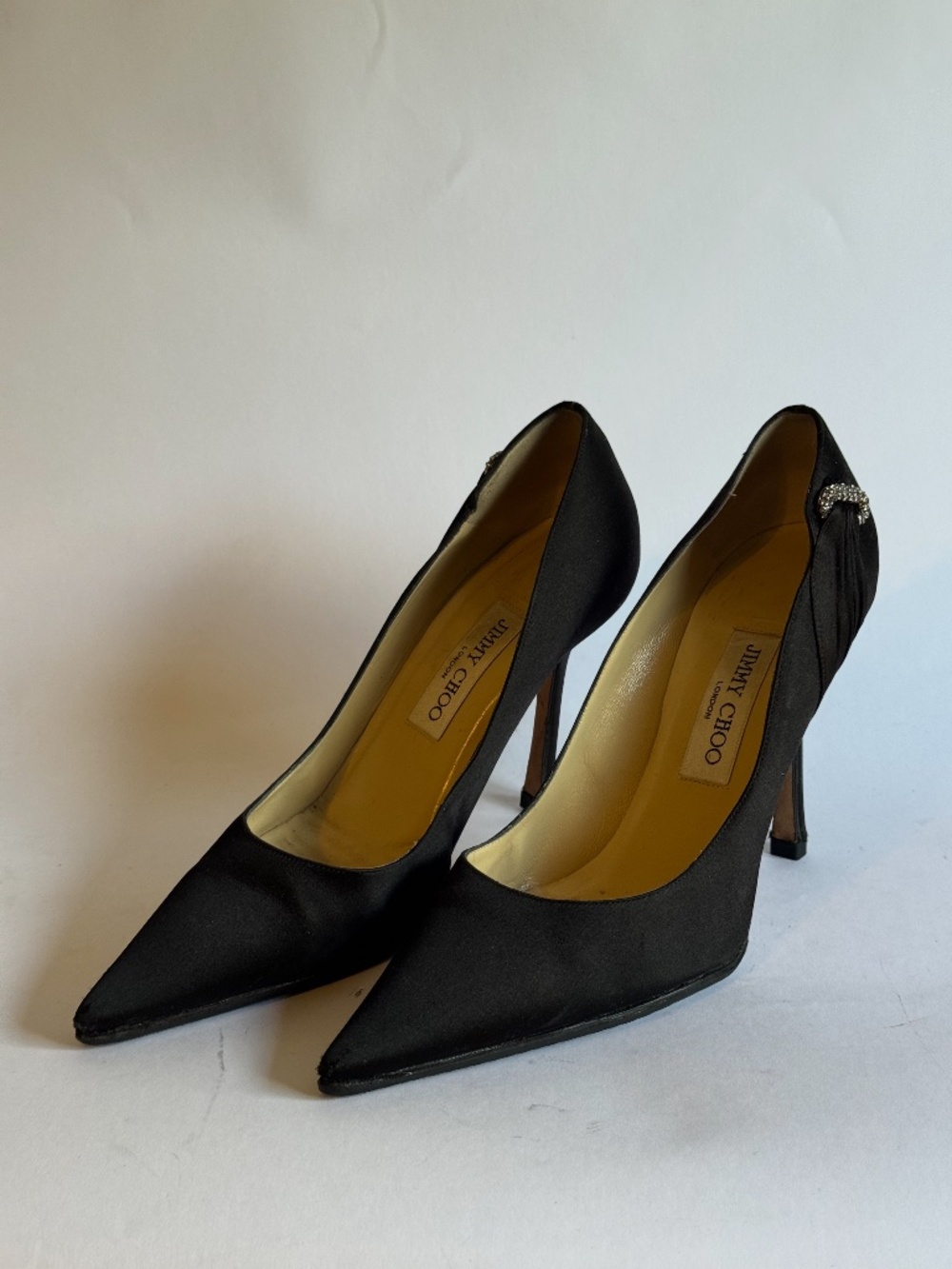 Jimmy Choo Heels Black Satin Crystal Detail Women's Size 38.5